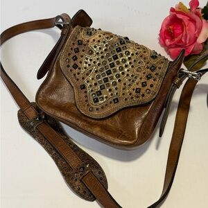 Frye Brown Leather Crossbody Bag with Studs